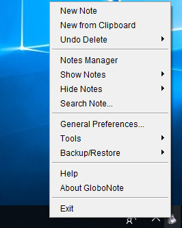 GloboNote tray icon menu
